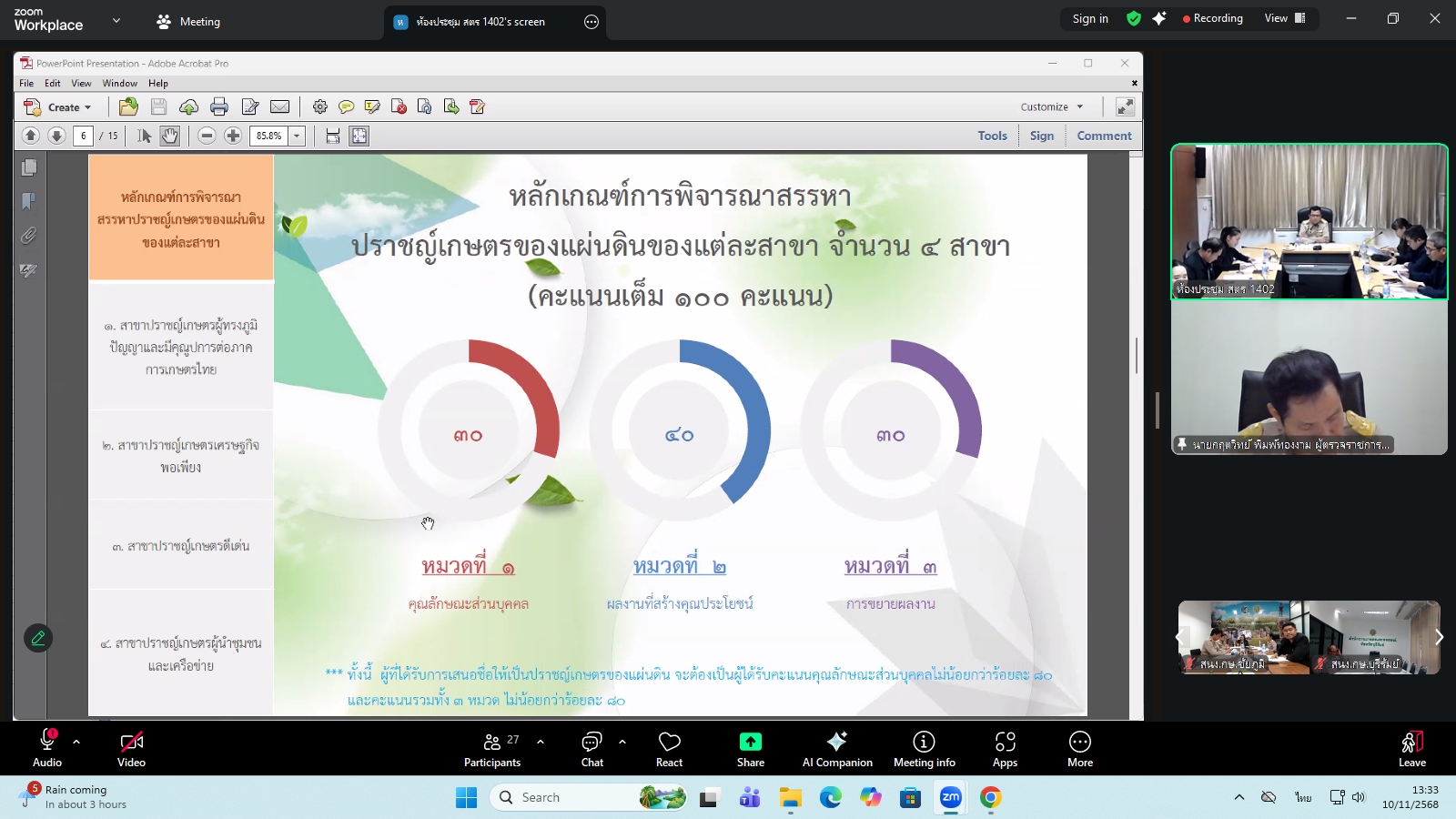 title - ผู้ตรวจราชการ ส.ป.ก. ร่วมประชุมคณะทำงานสรรหาปราชญ์เกษตรของแผ่นดินระดับเขต ประจำปี 2569 เขตตรวจราชการที่ 13 ผ่านระบบประชุมทางไกลออนไลน์ โดย Application Zoom Meeting